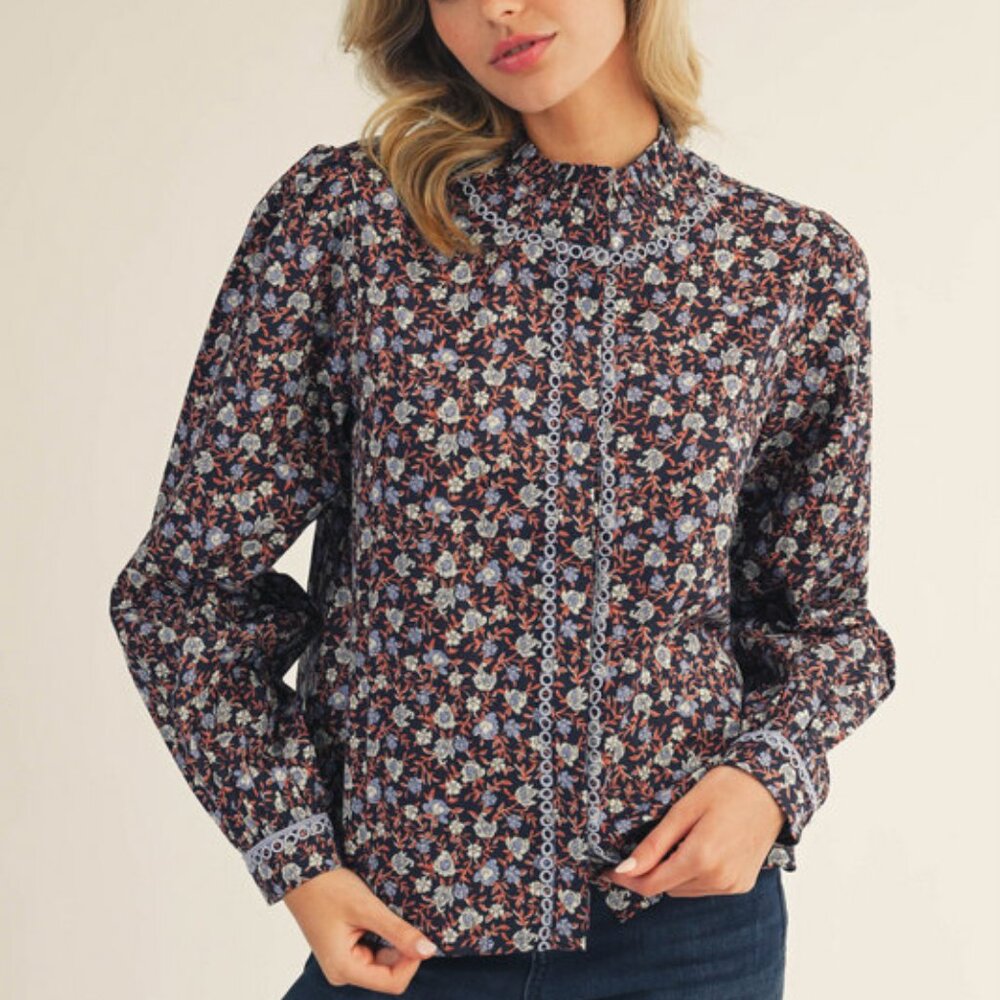 JODIFL NAVY DITSY FLORAL BUTTON UP TOP